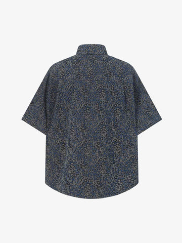 Vintage Leopard Print Washed Denim Short Sleeve Shirt 