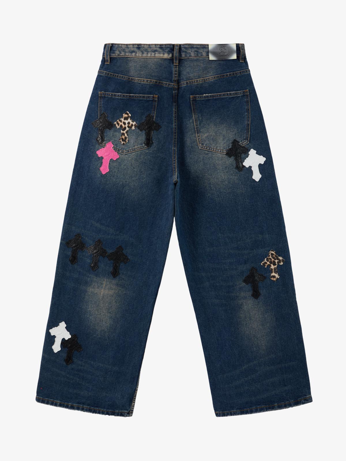 Distressed Cross Patchwork Washed Baggy Jeans 