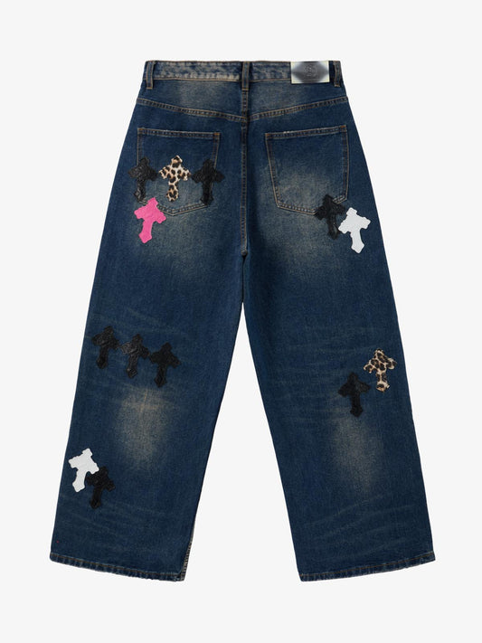 Distressed Cross Patchwork Washed Baggy Jeans 