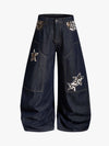 Thesupermade Raw Denim Star Leopard Patch Embroidery Baggy Jeans