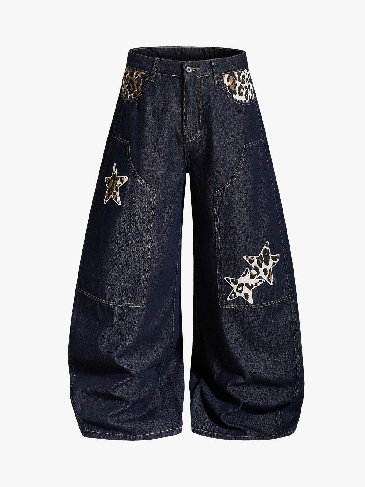 Thesupermade Raw Denim Star Leopard Patch Embroidery Baggy Jeans