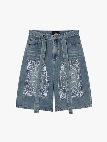 Embroidered Spiderweb Denim Shorts
