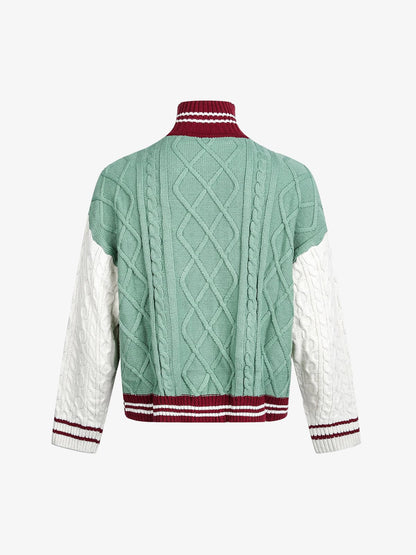 Retro Contrast Color High Neck Knitted Cardigan Sweater 