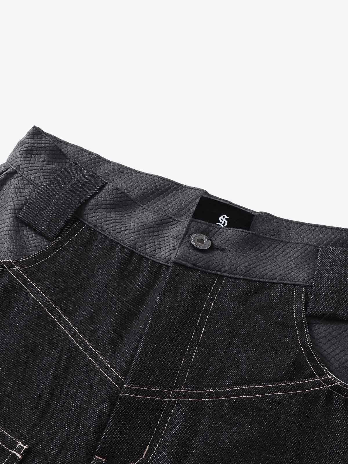 Flame Embroidered Wide Leg Washed Denim Jeans 