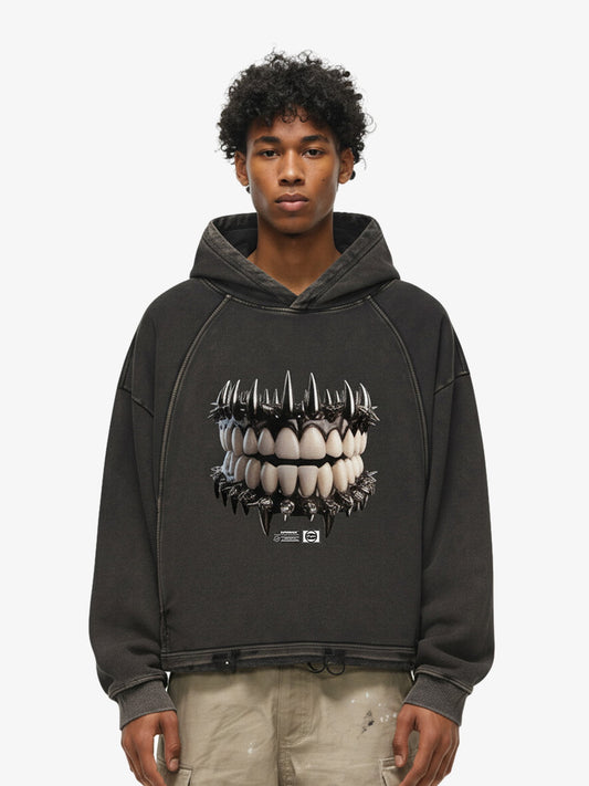 Dark Monster Teeth Graphic Cropped Hoodie 