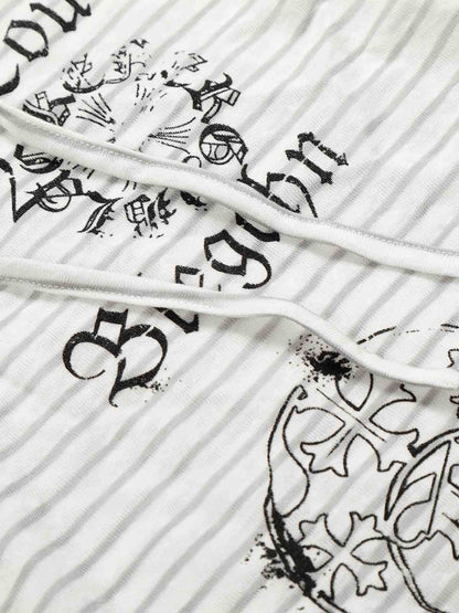 Graphic Print and V-Neck Striped Long Sleeve Hooded T-Shirt 