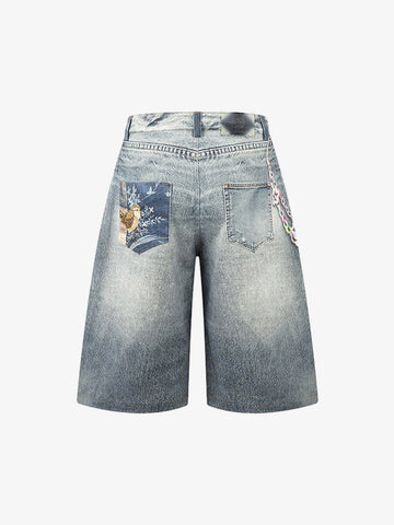 Charm Detail Graphic Denim Shorts