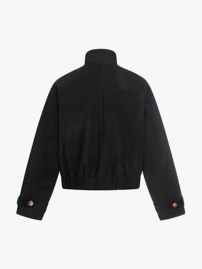 Textured Faux Leather Stand Collar Metal Buckle Jacket 