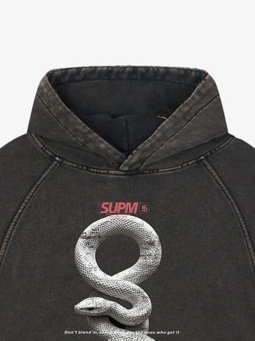 Vintage Washed Snake Appliqué Pullover Hoodie 