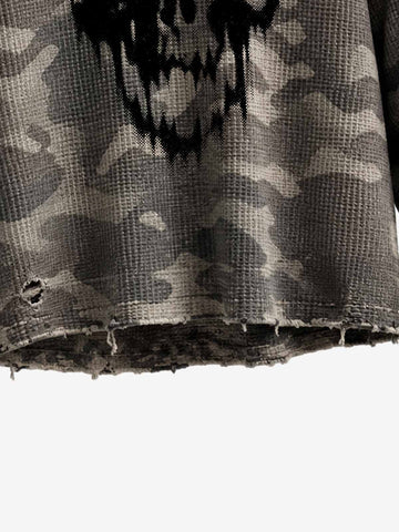 Distressed Waffle Knit Camo Long Sleeve with Skull Print