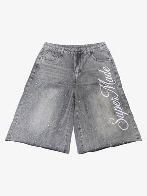 Embroidered Washed Denim Shorts