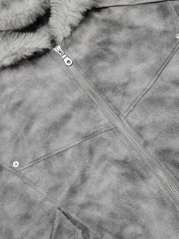 Faux Suede Vintage Wash Fur Hood Padded Jacket - 2553 