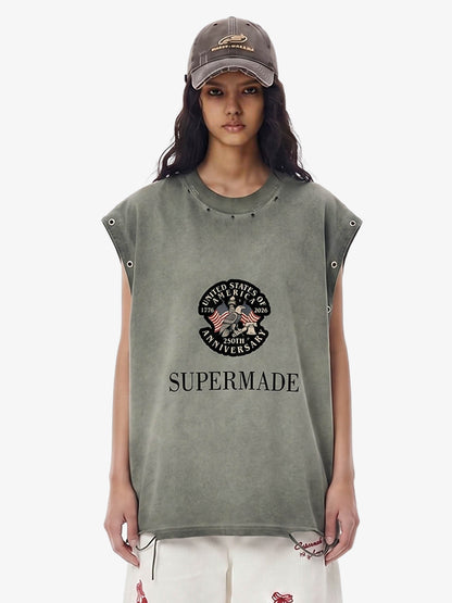 Grommet Side Washed Sleeveless T-Shirt