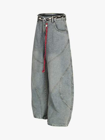 Denim Retro Belt Detail With Patchwork Barrel Jeans - 2490 