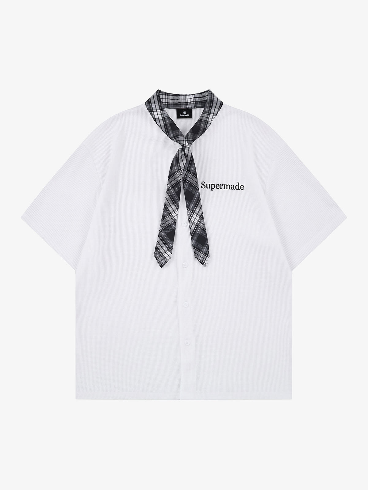 Plaid Scarf Sleeve Waffle Shirt with Letter Embroidery