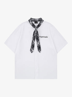 Plaid Scarf Sleeve Waffle Shirt with Letter Embroidery