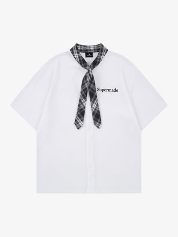 Plaid Scarf Sleeve Waffle Shirt with Letter Embroidery