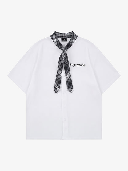 Plaid Scarf Sleeve Waffle Shirt with Letter Embroidery