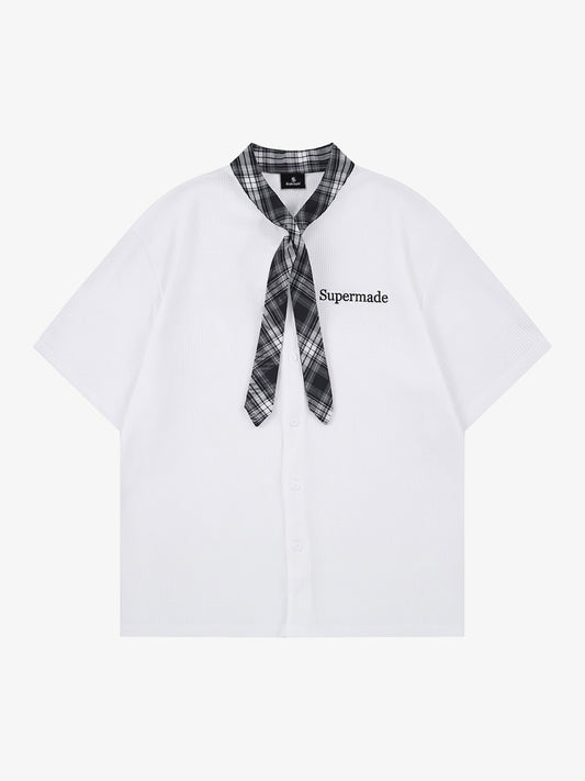 Plaid Scarf Sleeve Waffle Shirt with Letter Embroidery