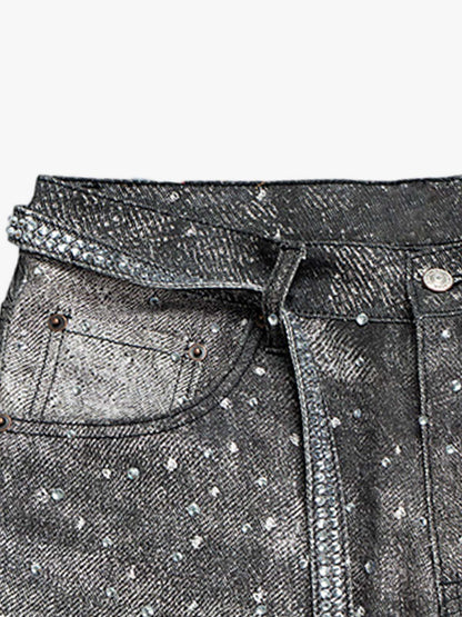 Denim Distressed Belt Diamond Decorated Jeans 