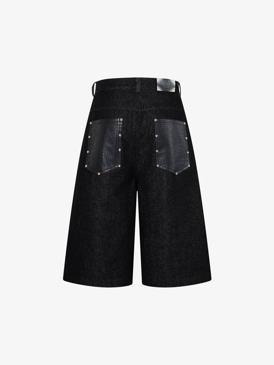 Black Denim Jacket with Croc-Embossed Trim