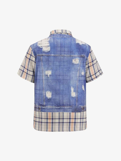 Layered Plaid Denim Print Short Sleeve Shirt 