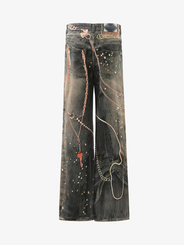 3D Chain Key Print Jeans