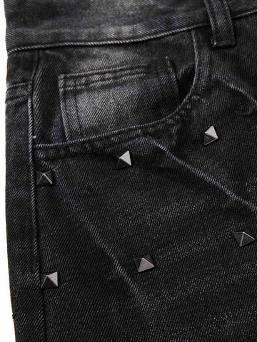 Black Washed Wide-Leg Cropped Denim Pants – High-Waisted Distressed Fit