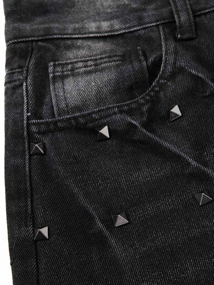 Black Washed Wide-Leg Cropped Denim Pants – High-Waisted Distressed Fit