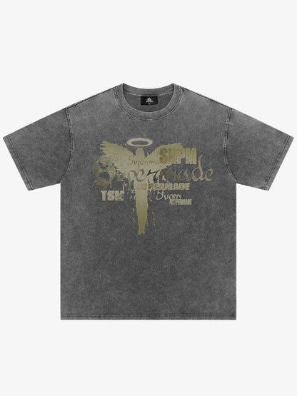 Distressed Washed Gothic Angel Graphic T-Shirt 