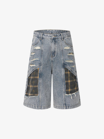 Retro Washed Plaid-Paneled Distressed Denim Set 