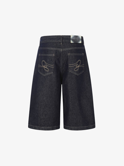 Dark Wash Denim Bermuda Shorts with Side Stripe Rhinestone Detail – Relaxed Fit Cotton Shorts