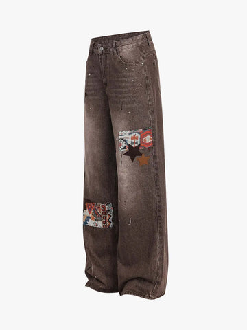 Retro Patchwork Washed Wide Leg Denim Jeans 