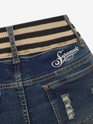 Knit Waistband Ripped Denim Shorts