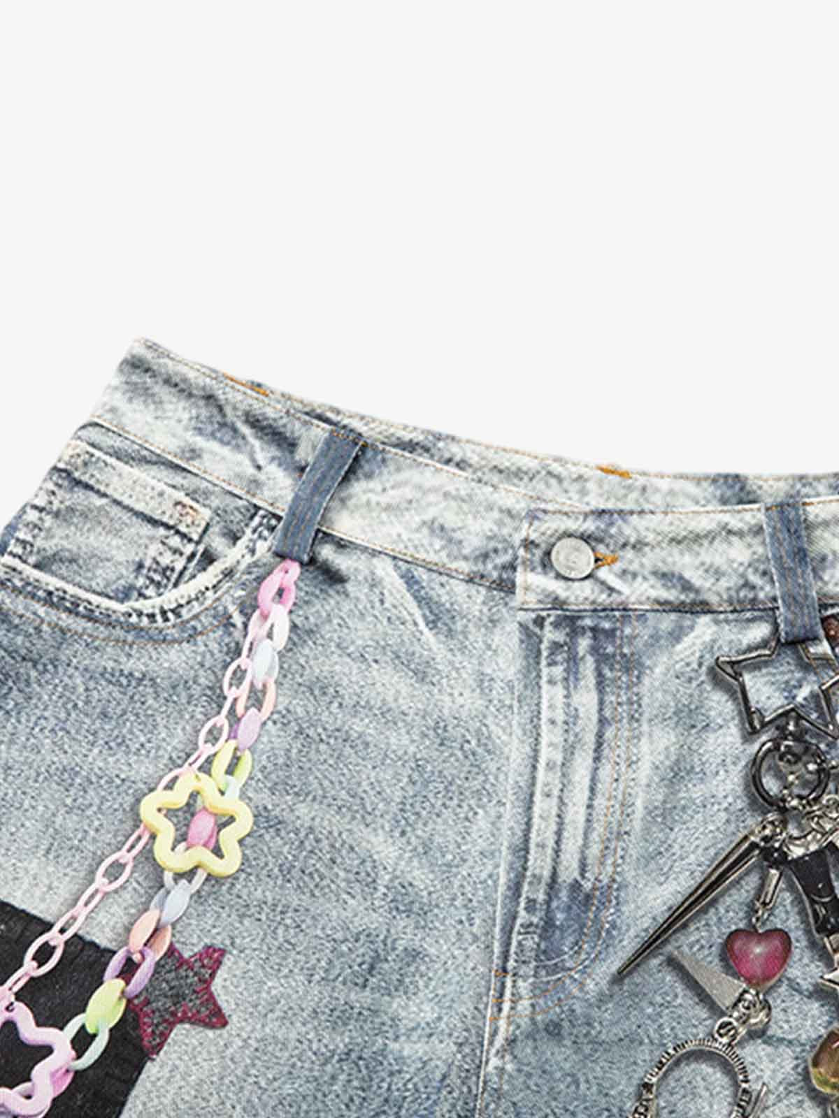 Charm Detail Graphic Denim Shorts