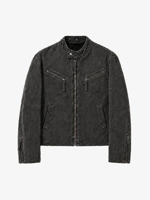 Cropped Distressed-wash Canvas Biker Jacket