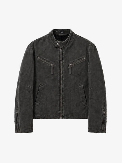 Cropped Distressed-wash Canvas Biker Jacket