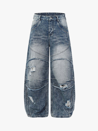 Distressed Patchwork Barrel Baggy Jeans
