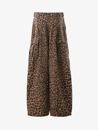 Retro Leopard Print Pleated Pocket Casual Pants 