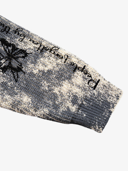 Ink-Splashed Butterfly Jacquard Zip Knit Sweater 