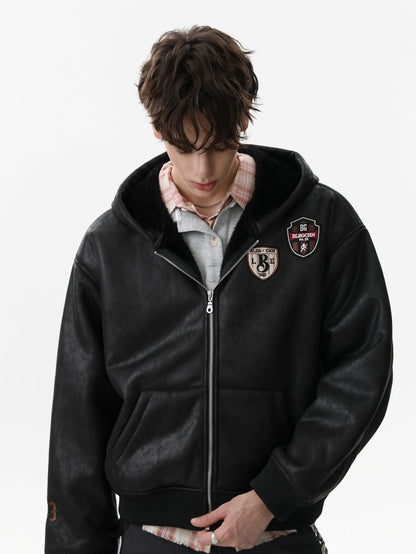 Vintage Leather Badge Fleece-lined Hooded Zip Bomber Jacket - 2547 