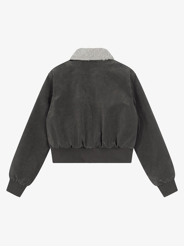 Utility Faux Shearling Collar Suede Look Zip Up Jacket 