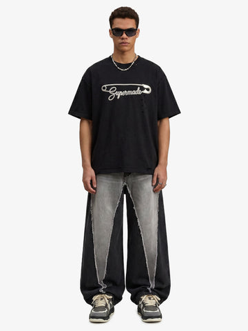 Distressed Safety Pin Cropped T-Shirt 