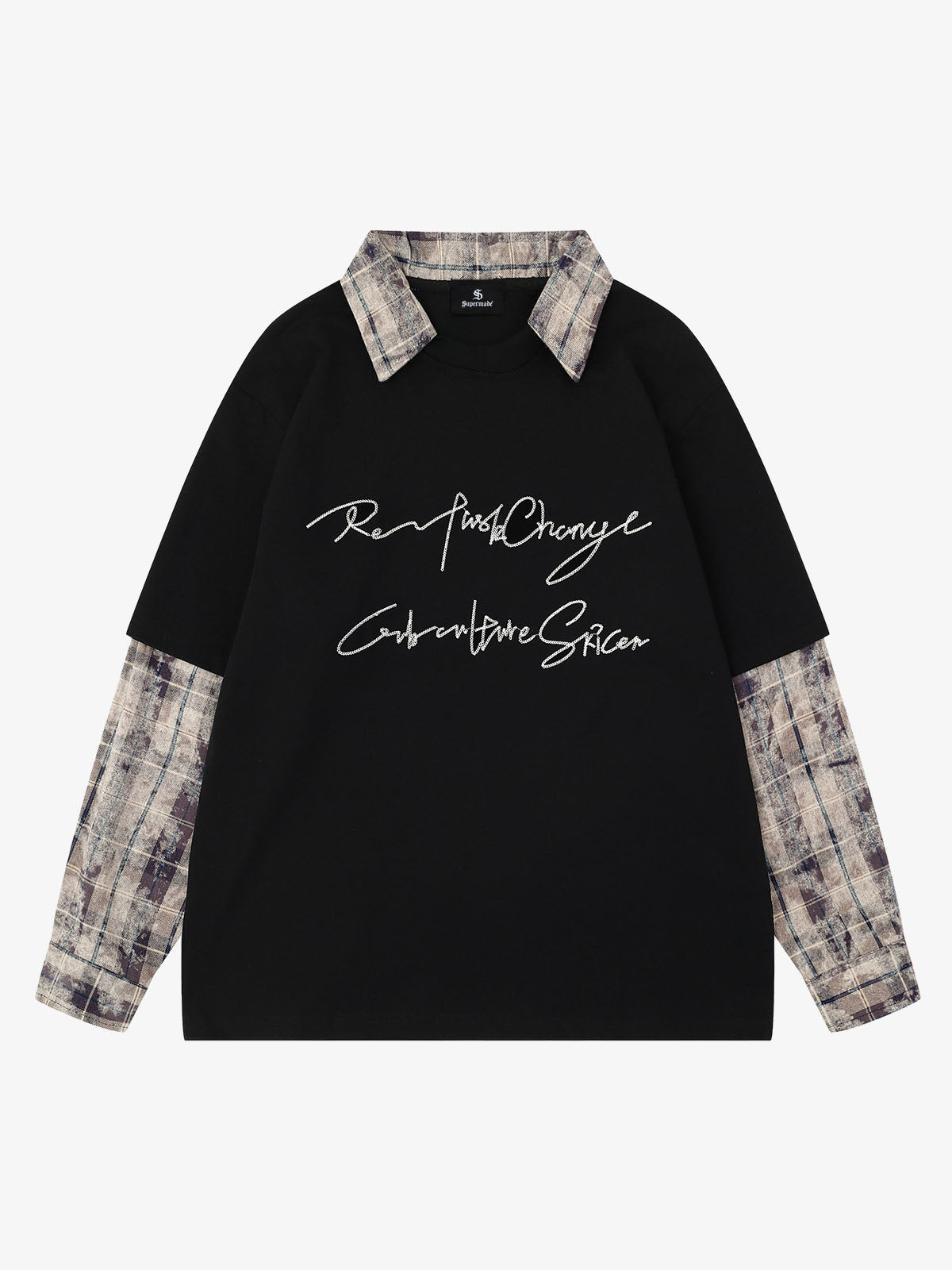 Plaid Patchwork Graphic Long Sleeve Tee