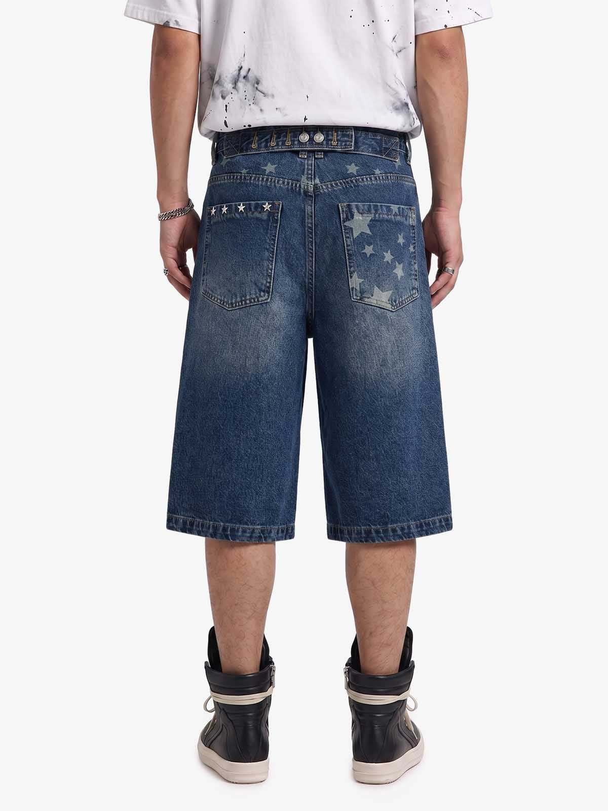 Star Embroidered Denim Shorts with Rivets