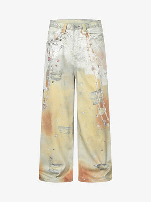 Street Tie-Dye Distressed Chain Detail 3D Printed Jeans 