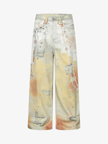 Street Tie-Dye Distressed Chain Detail 3D Printed Jeans 