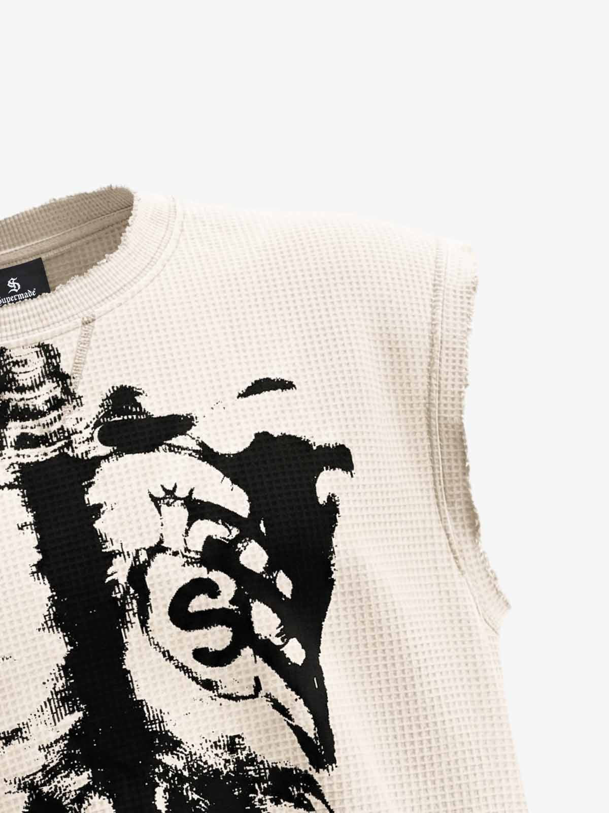 Vintage Skeleton Graphic Waffle Knit Sleeveless Vest 