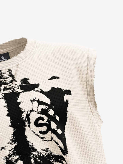 Vintage Skeleton Graphic Waffle Knit Sleeveless Vest 