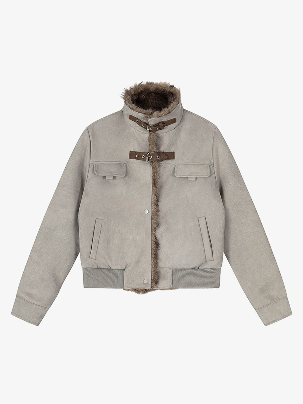 Vintage Suede Faux Fur Lined Buckle Bomber Jacket 